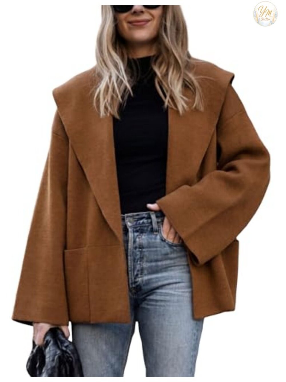 Oversized Shawl Collar Cardigan, Cropped Knit Sweater, Bell Sleeves, Front
